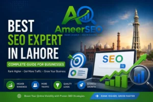 Best SEO Expert in Lahore featured image with Ameer SEO logo, Lahore landmarks, SEO growth graphics, and digital marketing elements.