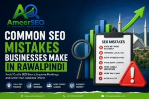 Common SEO mistakes businesses make in Rawalpindi with Ameer SEO branding and checklist illustration