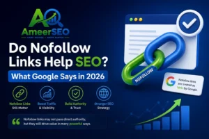 Featured image about nofollow links and SEO in 2026 with Ameer SEO logo, backlink chain graphics, Google ranking elements, and digital marketing background.