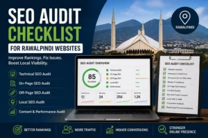 SEO audit checklist infographic for Rawalpindi websites showing technical SEO, on-page SEO, off-page SEO, and local SEO performance analysis with dashboard visuals.