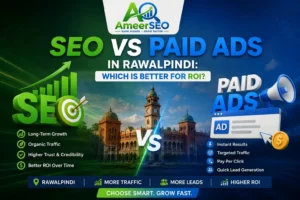 SEO vs Paid Ads in Rawalpindi featured image showing comparison between SEO and PPC marketing strategies with AmeerSEO logo.