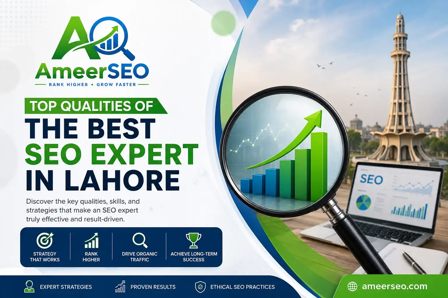 Top qualities of the best SEO expert in Lahore featured image with AmeerSEO logo and digital marketing theme
