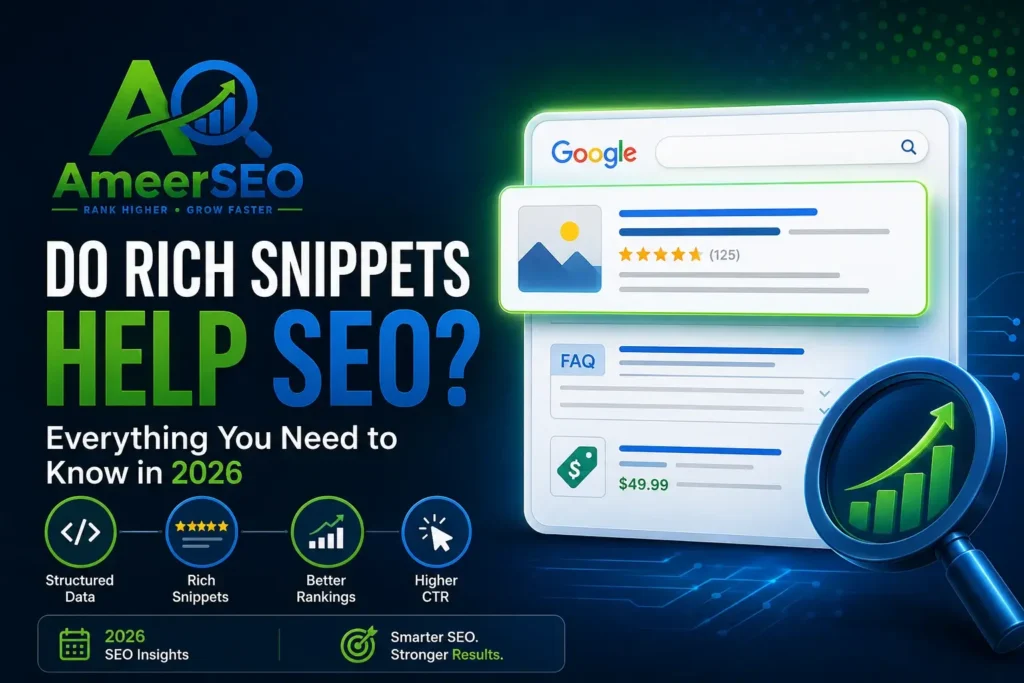 Do Rich Snippets Help SEO featured image showing Google rich snippets, structured data, SEO rankings, and AmeerSEO logo