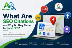 Featured image explaining SEO citations and local SEO with AmeerSEO logo, Google Business Profile, Yelp, Bing, Facebook, and map listing graphics.