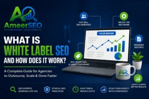 What Is White Label SEO and How Does It Work featured image by AmeerSEO showing SEO outsourcing and agency growth