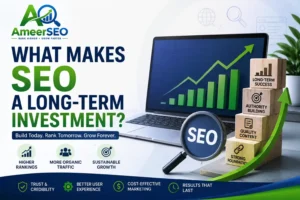 What makes SEO a long-term investment featured image by Ameer SEO showing organic traffic growth and higher rankings
