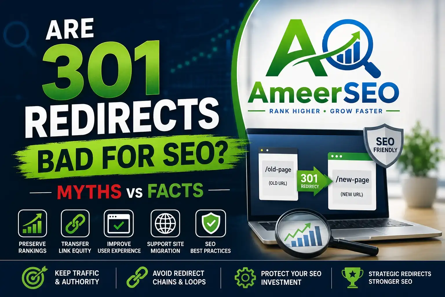 Are 301 redirects bad for SEO featured image showing Ameer SEO logo, myths vs facts of 301 redirects, SEO rankings, link equity, and redirect strategy infographic