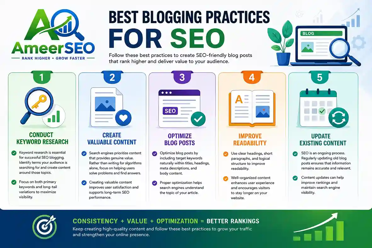 Landscape infographic by AmeerSEO illustrating five best blogging practices for SEO: keyword research, valuable content creation, blog post optimization, readability improvement, and content updates.