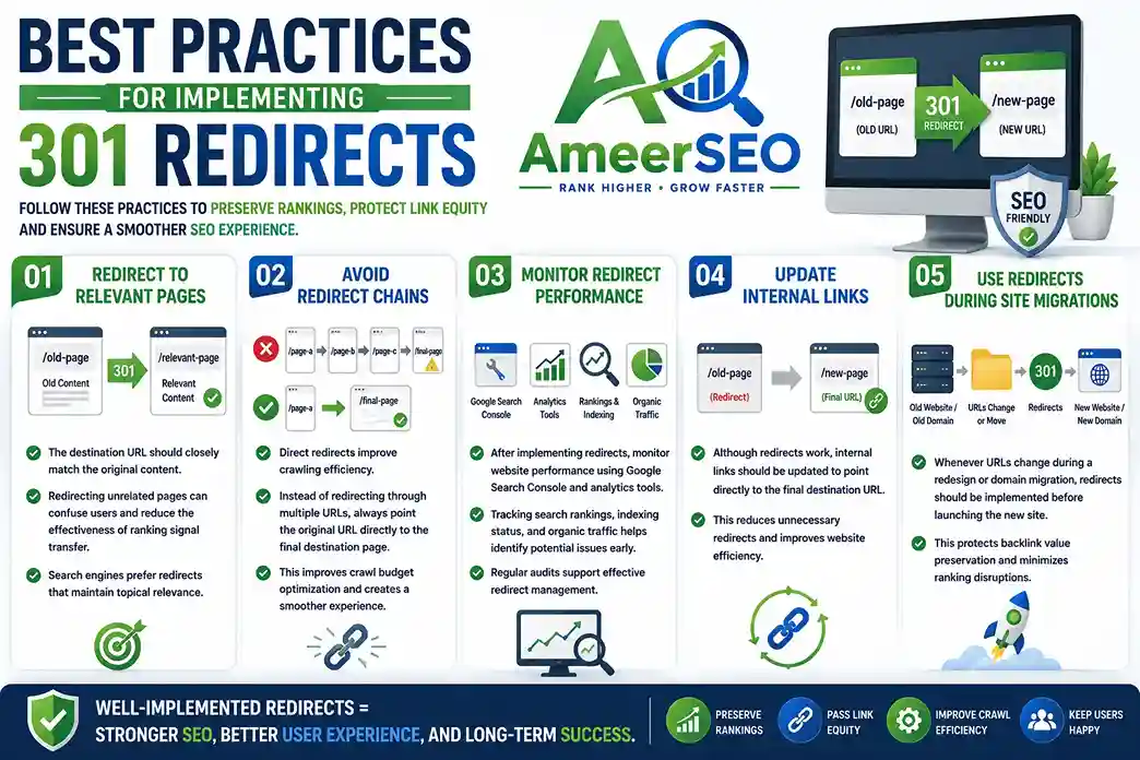 Landscape infographic showing best practices for implementing 301 redirects including relevant redirects, avoiding redirect chains, monitoring performance, updating internal links, and site migration SEO with Ameer SEO branding