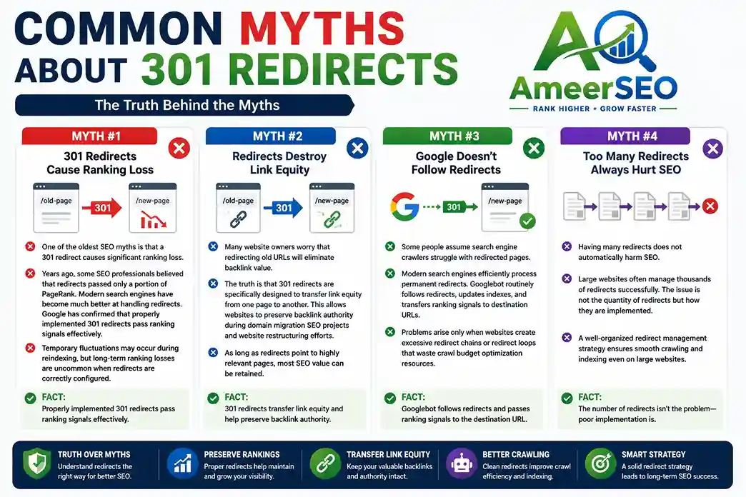 Landscape infographic explaining common myths about 301 redirects, including ranking loss, link equity, Google redirects, and redirect management with Ameer SEO branding