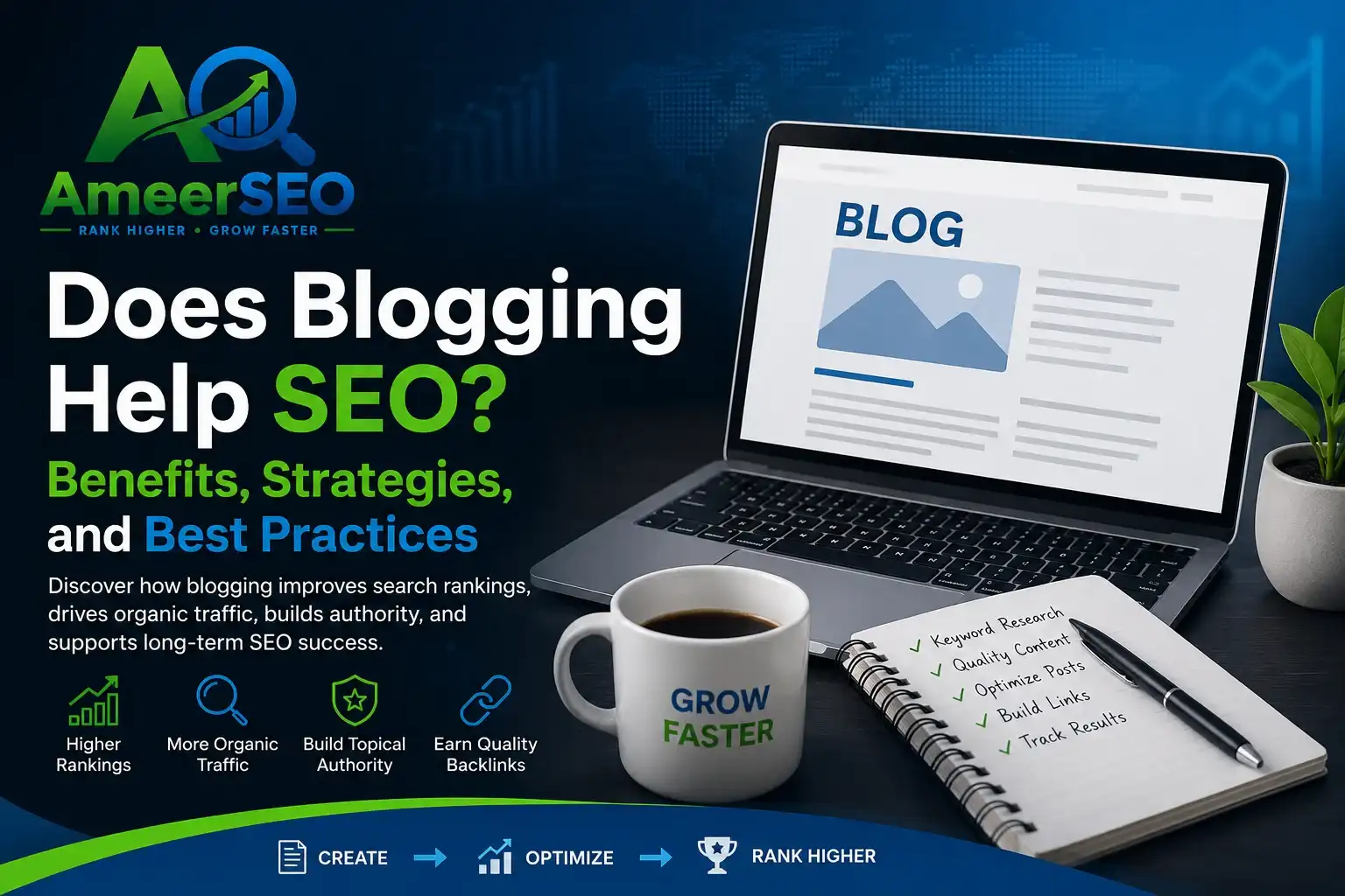 Does Blogging Help SEO featured image showing Ameer SEO branding, blogging dashboard, SEO growth strategy, organic traffic, backlinks, and search ranking optimization.