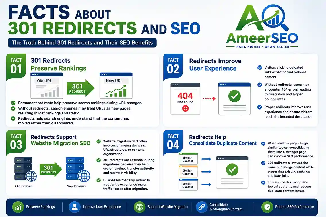 Landscape infographic explaining facts about 301 redirects and SEO, including ranking preservation, improved user experience, website migration SEO, and duplicate content consolidation with Ameer SEO branding
