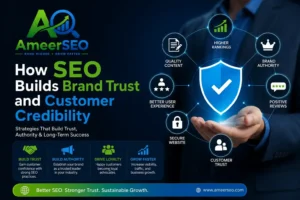 How SEO builds brand trust and customer credibility featuring Ameer SEO branding, trust shield, higher rankings, brand authority, positive reviews, and customer trust concepts.