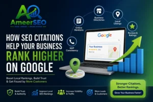 How SEO citations help businesses rank higher on Google with local SEO and citation building illustration by AmeerSEO