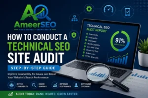 How to Conduct a Technical SEO Site Audit featuring AmeerSEO technical SEO audit report, website health analysis, crawlability, indexability, Core Web Vitals, and site performance optimization.