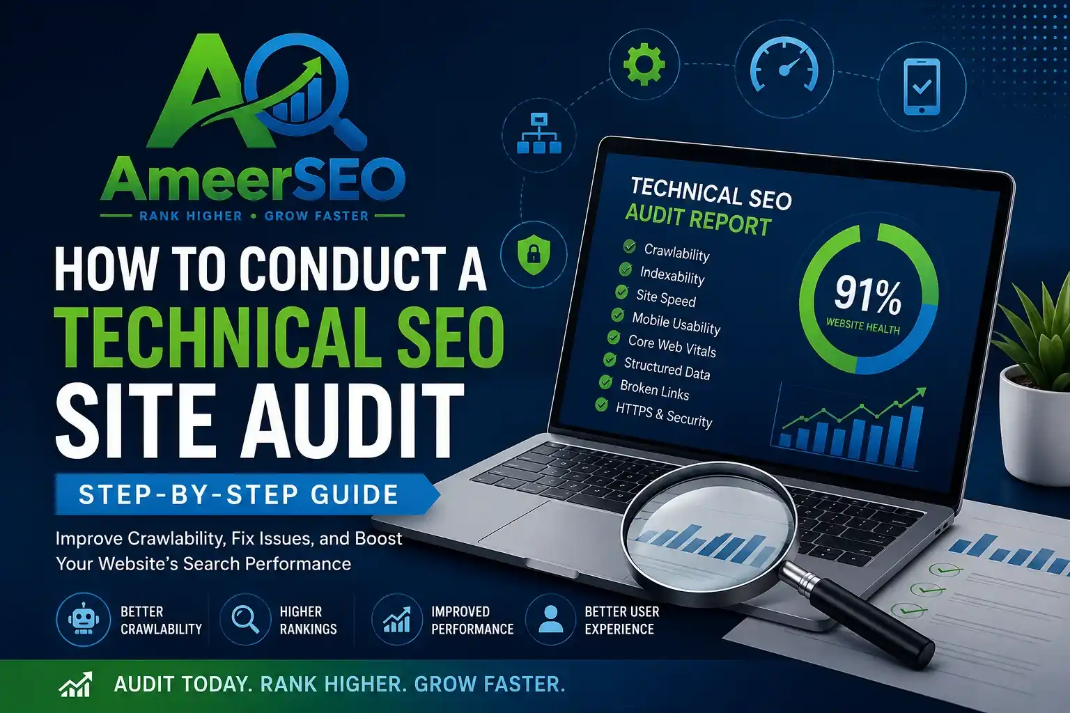How to Conduct a Technical SEO Site Audit featuring AmeerSEO technical SEO audit report, website health analysis, crawlability, indexability, Core Web Vitals, and site performance optimization.