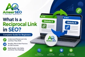 What is a reciprocal link in SEO featured image showing reciprocal backlink exchange between two websites with AmeerSEO branding