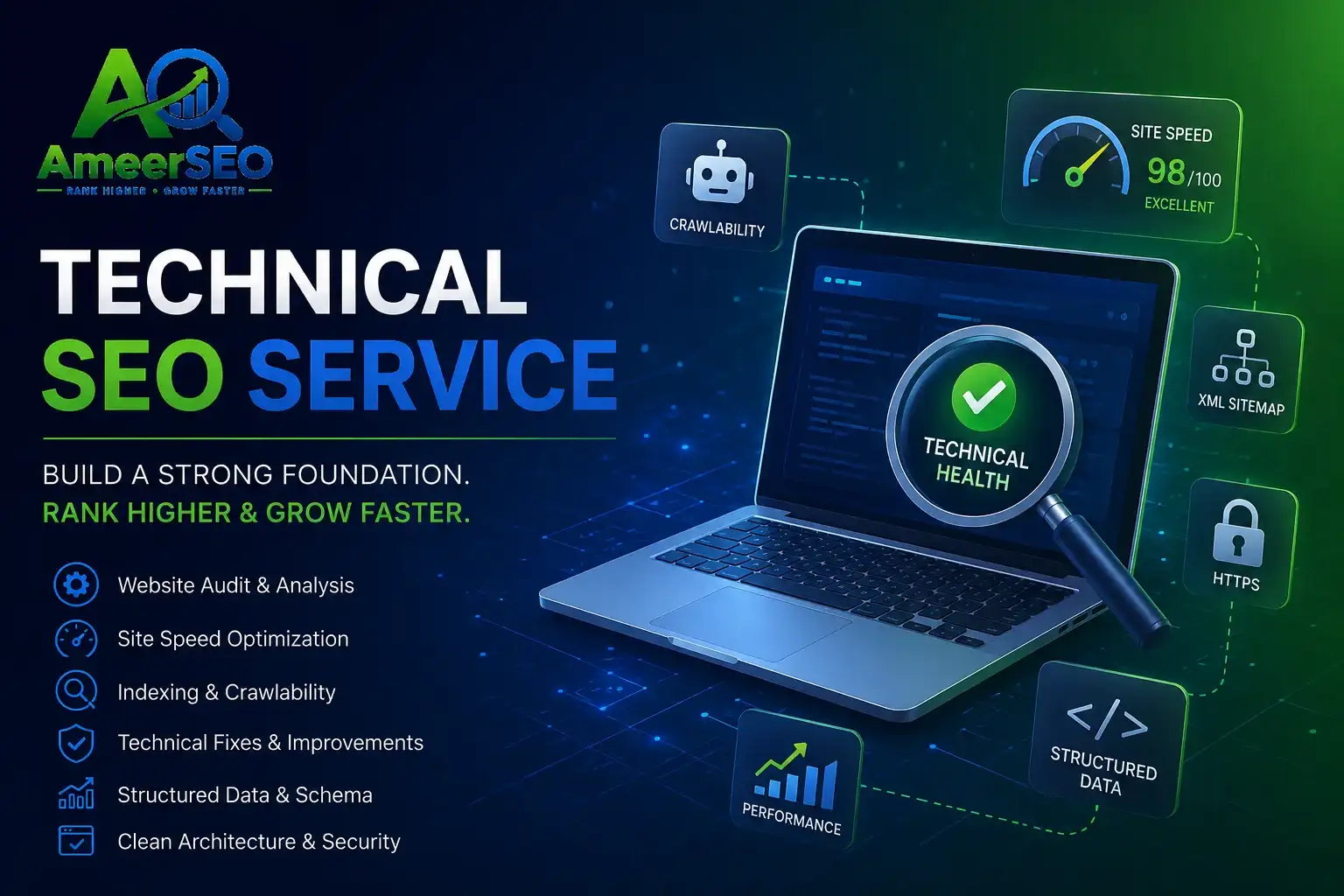 Technical SEO service banner by AmeerSEO showing website audit, crawlability, speed optimization, structured data, and technical health improvements
