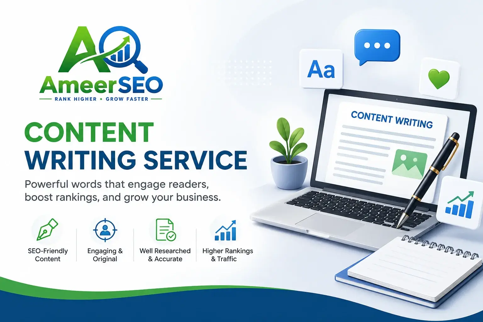 Content writing service banner showing laptop with article draft, pen, notebook, and SEO icons representing professional SEO content writing services.