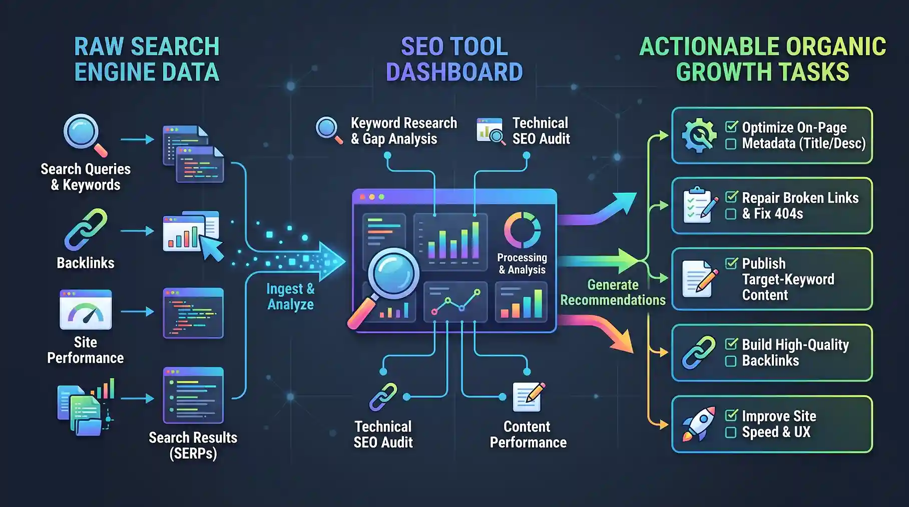 Flowchart showing raw search engine data such as keywords, backlinks, site performance, and SERP results processed through an SEO tool dashboard to produce actionable organic growth tasks.