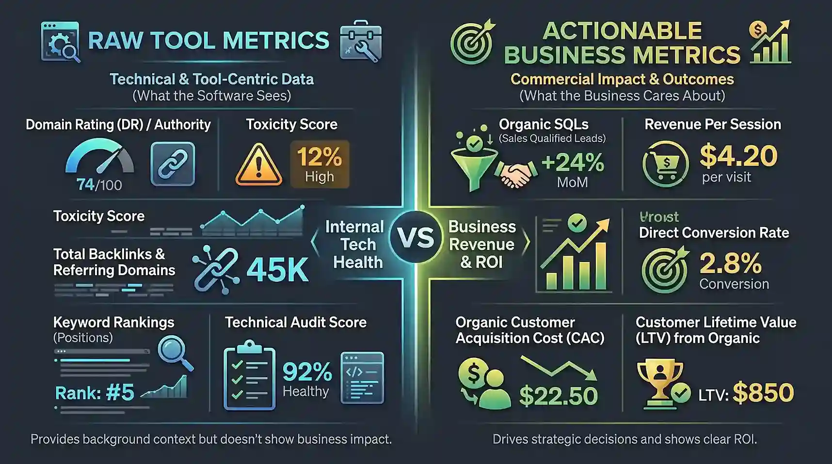 Side-by-side comparison chart illustrating raw SEO tool metrics like Domain Rating, toxicity score, and backlink counts versus actionable business metrics such as organic SQLs, revenue per session, CAC, and LTV.