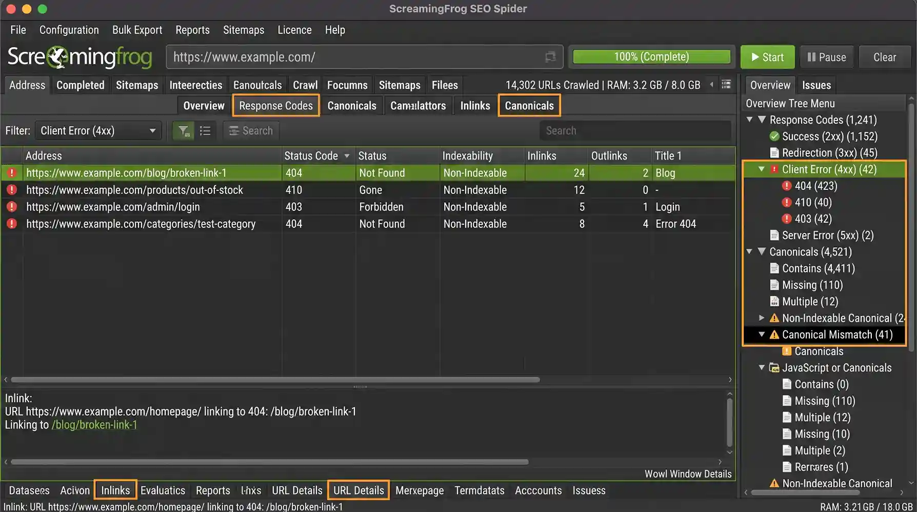 Screaming Frog SEO Spider dashboard showing a crawl audit with filtered 4xx client errors, 404 broken links, and canonical tag mismatches.